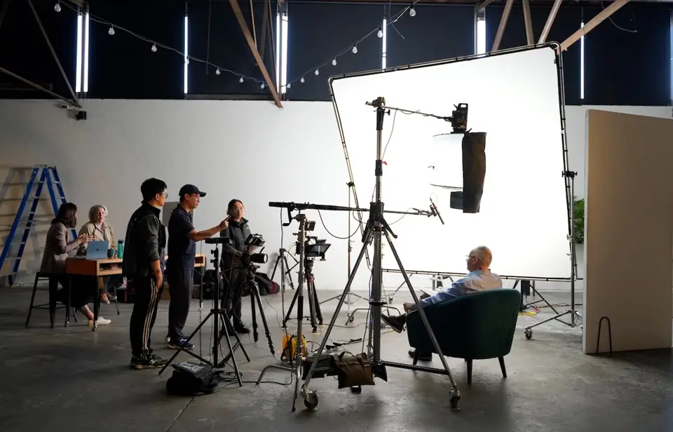 A professional film production set prepared for an interview